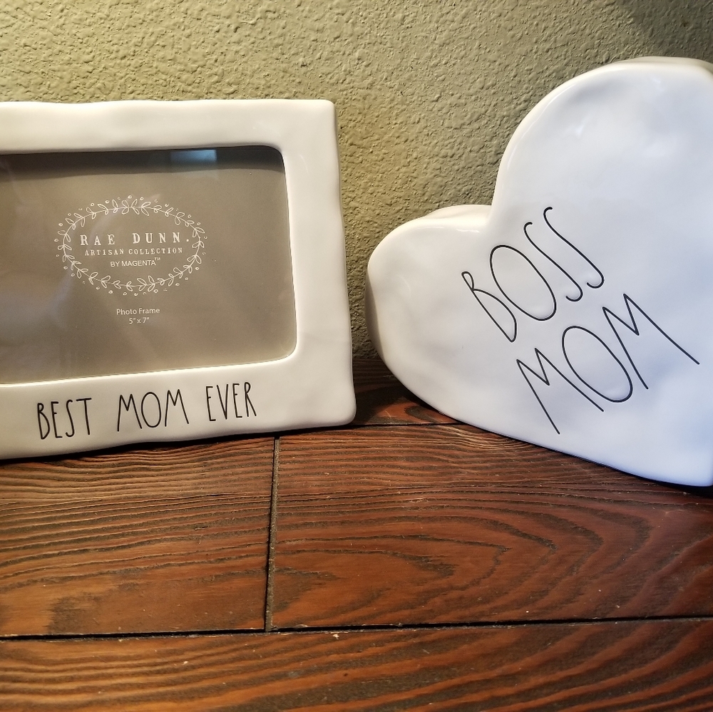 Rae Dunn bundle "Boss Mom" and "Best Mom Ever" ceramic decor and frame